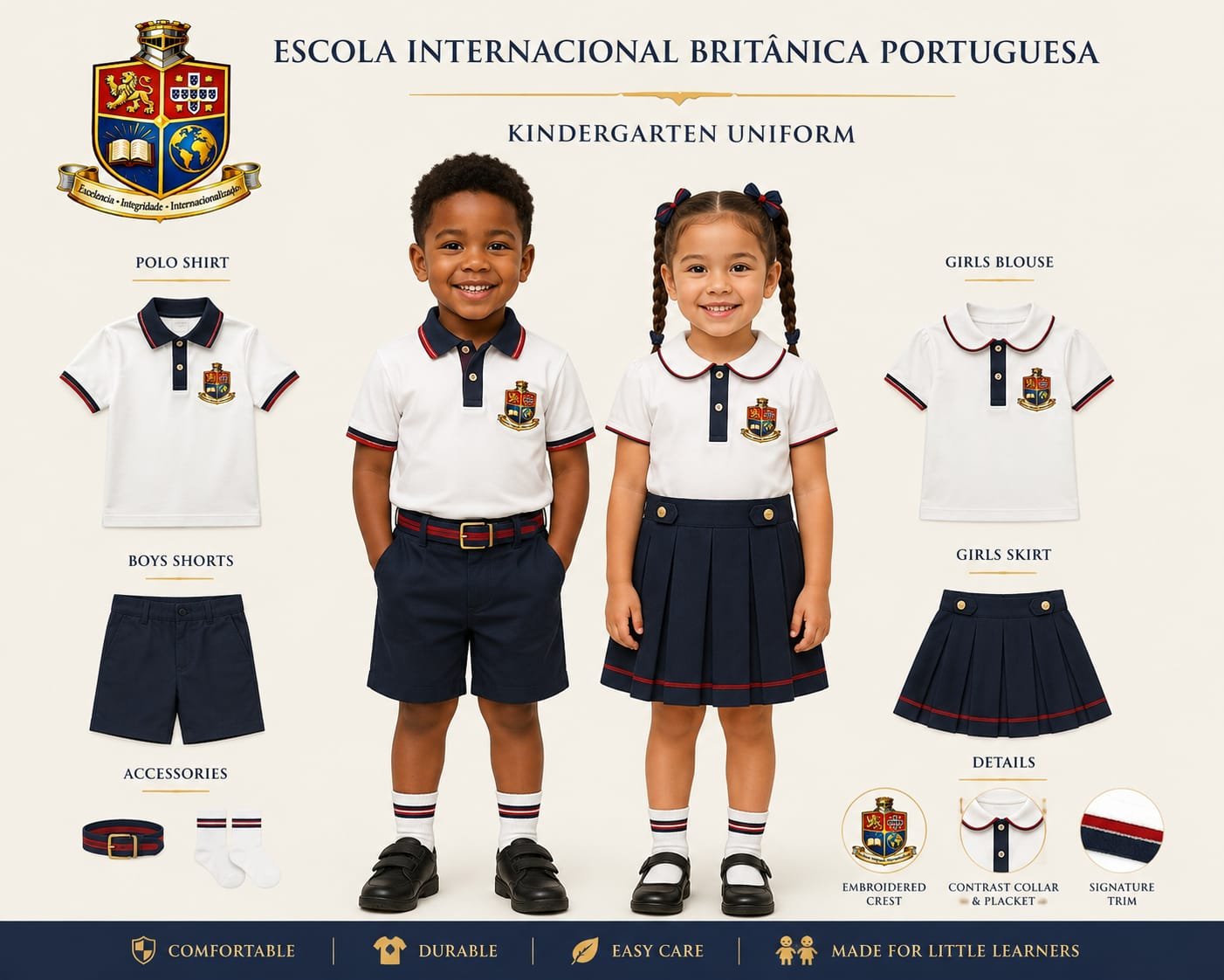 Official EIBP kindergarten uniform guide showing a white polo shirt, girls blouse, navy shorts, navy skirt, school socks, belt and black shoes